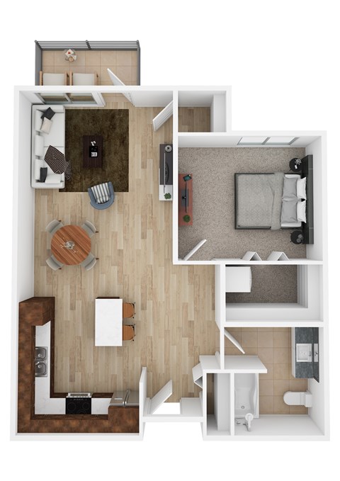 A top down view of a small apartment with a kitchen, living room, and bathroom.